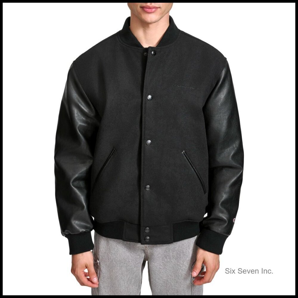 Varsity Bomber Jacket Faux Leather Sleeves Wool Blend Classic Retro Style